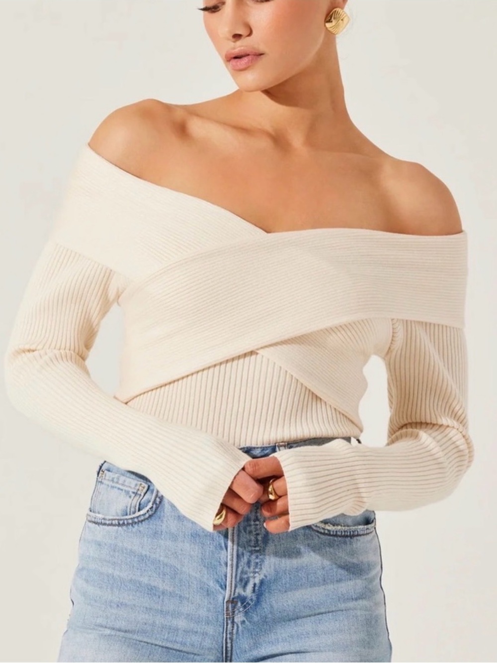 Astr Cream Ribbed Off-Shoulder Cross-Front Sweater
